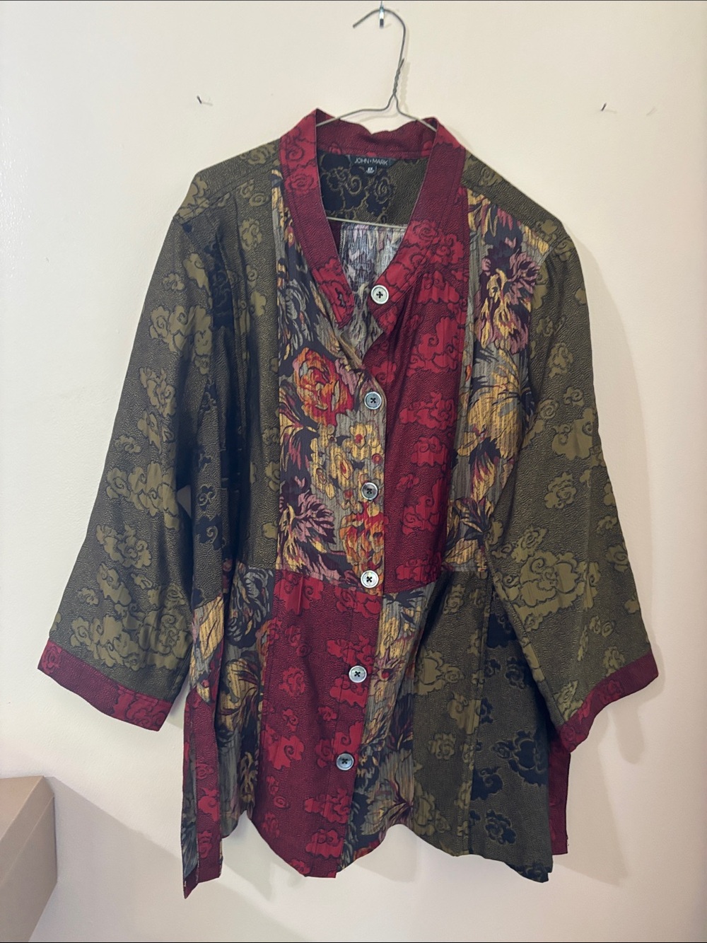 John Mark Patchwork Floral Button-Up Jacket in Red & Olive - Picture 6 of 8